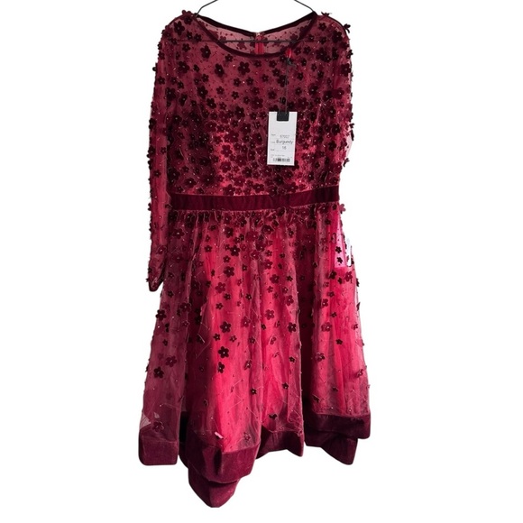 Mac‎ Duggal Embellished Floral Velvet Long Sleeve Dress Burgundy 16 - Picture 5 of 10